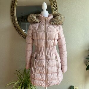 Laundry By Shelli Segal Blush Puffer Jacket with Faux Fur Hood